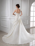 A-Line/Princess One-shoulder Hand-made Flower Sleeveless Satin Wedding Dresses TPP0006980