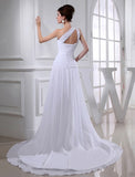 A-Line/Princess Beading One-shoulder Sleeveless Chiffon Applique Wedding Dresses TPP0006695