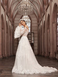 A-Line/Princess Off-the-Shoulder Tulle Long Sleeves Applique Sweep/Brush Train Wedding Dresses TPP0005981