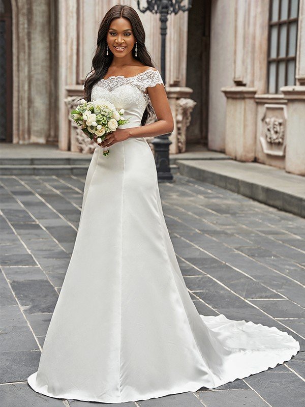 A-Line/Princess Scoop Satin Lace Sleeveless Sweep/Brush Train Wedding Dresses TPP0005925