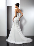 Trumpet/Mermaid Strapless Applique Sleeveless Long Satin Wedding Dresses TPP0006684