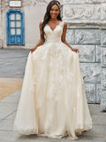 A-Line/Princess Tulle Applique V-neck Sleeveless Sweep/Brush Train Wedding Dresses TPP0005901