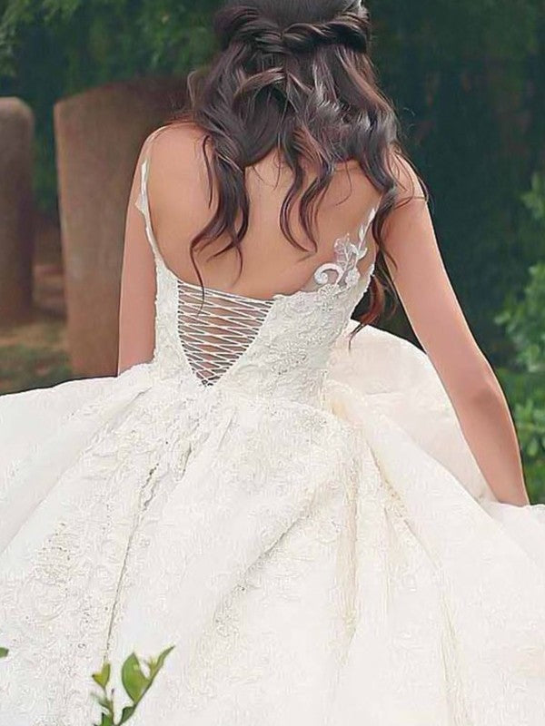 Ball Gown Spaghetti Straps Sleeveless Sweep/Brush Train Lace Tulle Wedding Dresses TPP0006490
