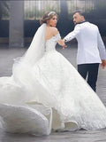 Ball Gown Off-the-Shoulder Lace Short Sleeves Tulle Court Train Wedding Dresses TPP0006176