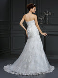 Sheath/Column Strapless Applique Sleeveless Long Satin Wedding Dresses TPP0006886
