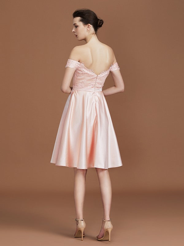 A-Line/Princess Applique Sweetheart Knee-Length Off-the-Shoulder Satin Bridesmaid Dresses TPP0005680