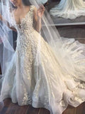 A-Line/Princess V-neck Applique Court Train Tulle Sleeveless Wedding Dresses TPP0006210