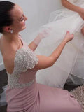 Trumpet/Mermaid Bateau Sleeveless Sweep/Brush Train Beading Satin Bridesmaid Dresses TPP0005633
