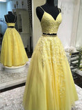 A-Line/Princess Tulle Applique Sleeveless V-neck Floor-Length Two Piece Dresses TPP0001872