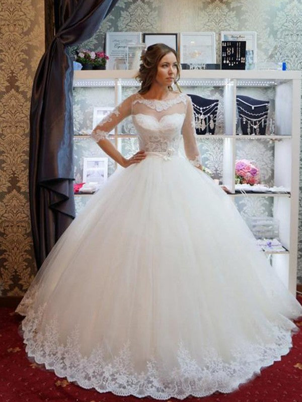 Ball Gown Tulle Scoop 1/2 Sleeves Applique Floor-Length Wedding Dresses TPP0006702