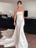 Sheath/Column Satin Ruffles Strapless Sleeveless Court Train Wedding Dresses TPP0005980