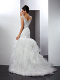 Trumpet/Mermaid V-neck Applique Sleeveless Long Tulle Wedding Dresses TPP0006631