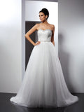 A-Line/Princess Spaghetti Straps Beading Sleeveless Long Tulle Wedding Dresses TPP0006613