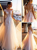 A-Line/Princess Bateau Applique Short Sleeves Sweep/Brush Train Tulle Wedding Dresses TPP0006668