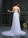 A-Line/Princess One-Shoulder Pleats Sleeveless Long Chiffon Wedding Dresses TPP0006875