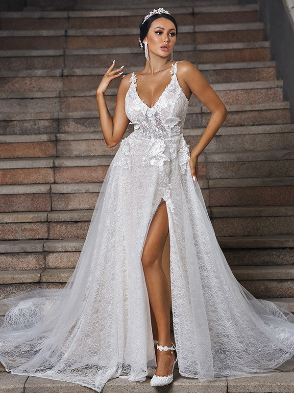 A-Line/Princess Lace Applique V-neck Sleeveless Sweep/Brush Train Wedding Dresses TPP0006048