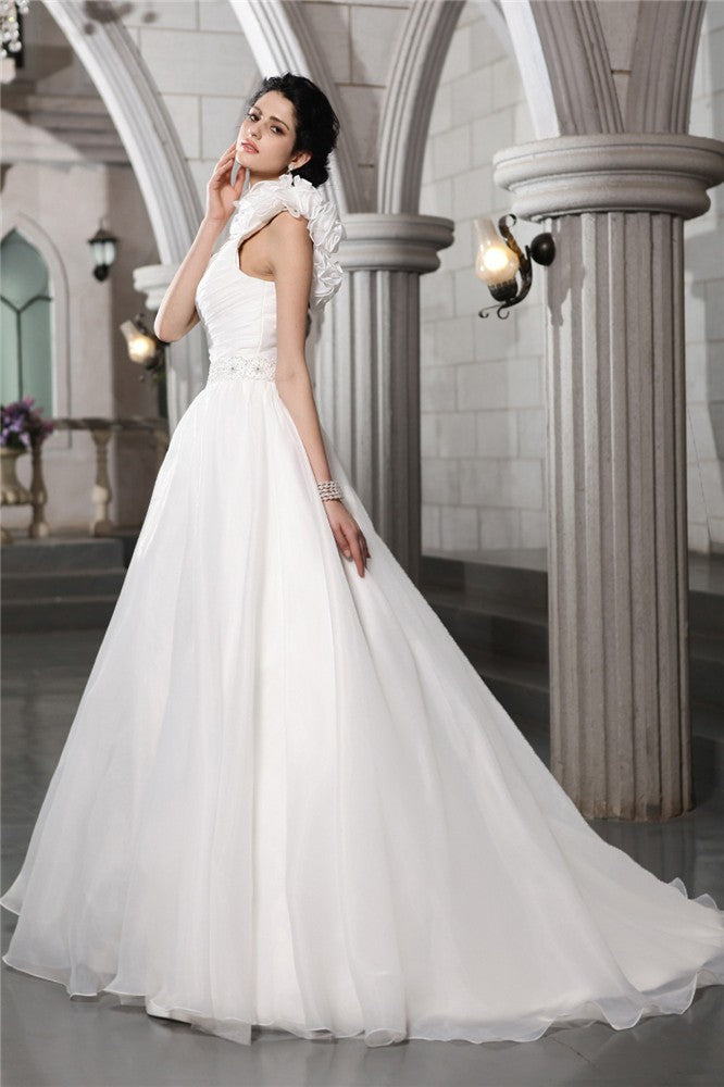 A-Line/Princess One-Shoulder Sleeveless Beading Long Organza Wedding Dresses TPP0006934