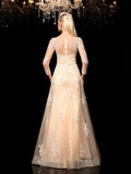A-Line/Princess Sheer Neck Applique Long Sleeves Long Satin Dresses TPP0006599