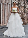 A-Line/Princess Tulle Spaghetti Straps Sleeveless Ruffles Sweep/Brush Train Wedding Dresses TPP0006100