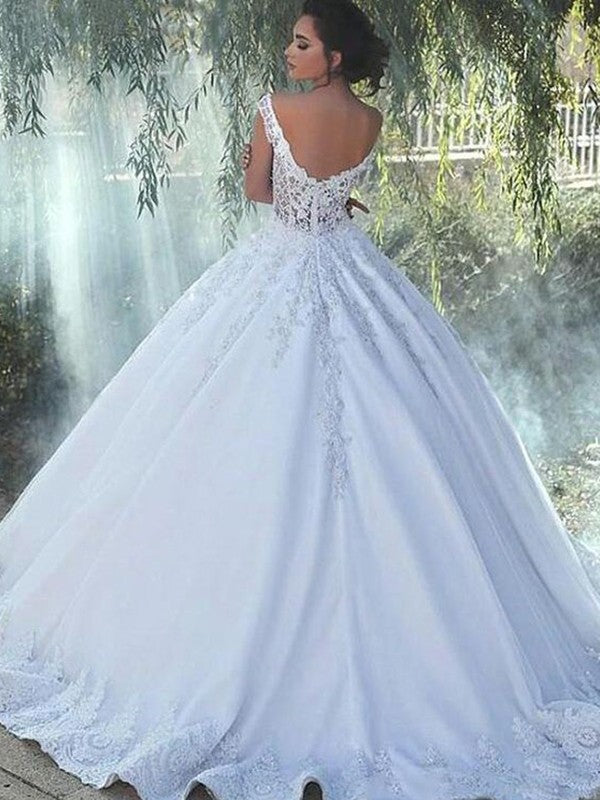 Ball Gown Scoop Sleeveless Sweep/Brush Train Lace Satin Wedding Dresses TPP0006316