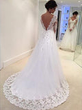 Ball Gown V-neck Long Sleeves Lace Sweep/Brush Train Tulle Wedding Dresses TPP0006055