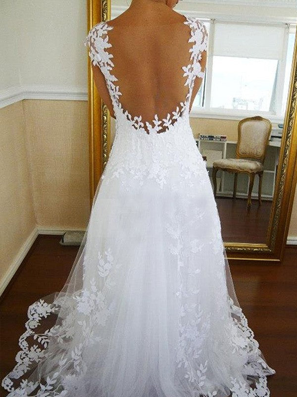A-Line/Princess V-neck Sweep/Brush Train Lace Sleeveless Tulle Wedding Dresses TPP0006075