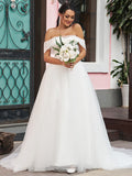 A-Line/Princess Tulle Ruffles Off-the-Shoulder Sleeveless Sweep/Brush Train Wedding Dresses TPP0006442