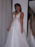 A-Line/Princess V-neck Tulle Sleeveless Applique Sweep/Brush Train Wedding Dresses TPP0006024