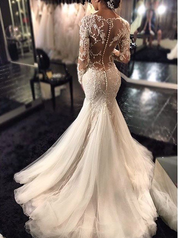 Trumpet/Mermaid V-neck Long Sleeves Lace Court Train Tulle Wedding Dresses TPP0005957