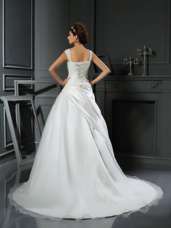 Ball Gown Straps Applique Sleeveless Long Satin Wedding Dresses TPP0006763