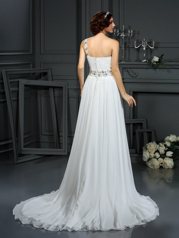 A-Line/Princess One-Shoulder Beading Sleeveless Long Chiffon Wedding Dresses TPP0006706
