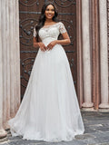 A-Line/Princess Scoop Tulle Applique Short Sleeves Sweep/Brush Train Wedding Dresses TPP0005912