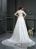 A-Line/Princess Bateau Lace 1/2 Sleeves Long Satin Wedding Dresses TPP0006562