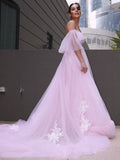 A-Line/Princess Tulle Applique Sweetheart Short Sleeves Court Train Wedding Dresses TPP0006133