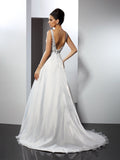 A-Line/Princess Scoop Ruffles Sleeveless Long Satin Wedding Dresses TPP0006433