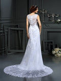 Sheath/Column High Neck Lace Sleeveless Long Lace Wedding Dresses TPP0006844
