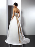 A-Line/Princess Sweetheart Hand-Made Flower Sleeveless Long Satin Wedding Dresses TPP0006608