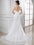 Trumpet/Mermaid Beading One-shoulder Sleeveless Lace Satin Long Wedding Dresses TPP0006982