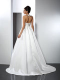 A-Line/Princess Halter Hand-Made Flower Sleeveless Long Satin Wedding Dresses TPP0006918