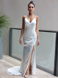 Sheath/Column Satin Ruched V-neck Sleeveless Sweep/Brush Train Wedding Dresses TPP0007028