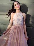 A-Line/Princess Chiffon Lace Halter Sleeveless Floor-Length Junior/Girls Bridesmaid Dresses TPP0005832