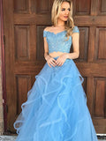A-Line/Princess Sleeveless Off-the-Shoulder Tulle Applique Floor-Length Two Piece Dresses TPP0002186