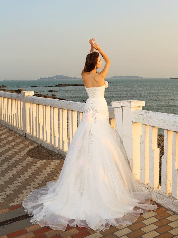 Ball Gown Strapless Hand-Made Flower Sleeveless Long Satin Beach Wedding Dresses TPP0006336