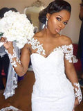 Trumpet/Mermaid Lace Applique Off-the-Shoulder Court Train Long Sleeves Wedding Dresses TPP0006618