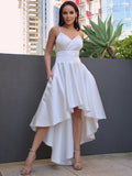 A-Line/Princess Satin Ruched V-neck Sleeveless Asymmetrical Wedding Dresses TPP0007019