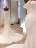 Sheath/Column Off-the-Shoulder Short Sleeves Court Train Spandex Wedding Dresses TPP0006180