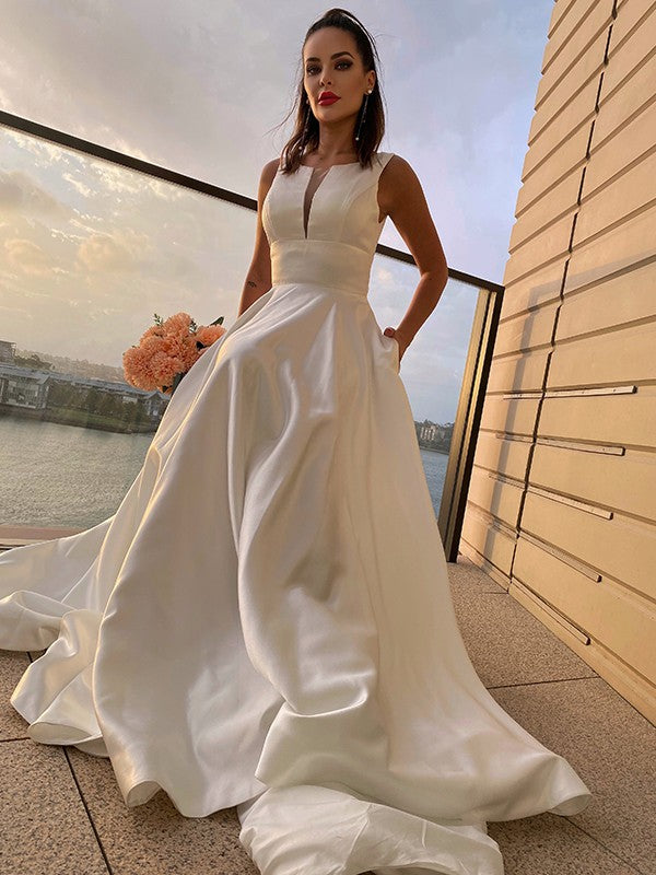 A-Line/Princess Satin Ruffles Scoop Sleeveless Sweep/Brush Train Wedding Dresses TPP0006204
