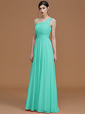 A-Line/Princess One-Shoulder Sleeveless Floor-Length Ruched Chiffon Bridesmaid Dresses TPP0005701