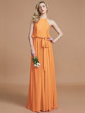 A-Line/Princess Halter Sleeveless Sash/Ribbon/Belt Floor-Length Chiffon Bridesmaid Dresses TPP0005604
