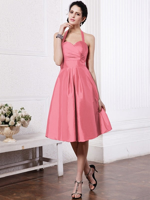 A-Line/Princess Halter Sleeveless Pleats Short Taffeta Bridesmaid Dresses TPP0005709
